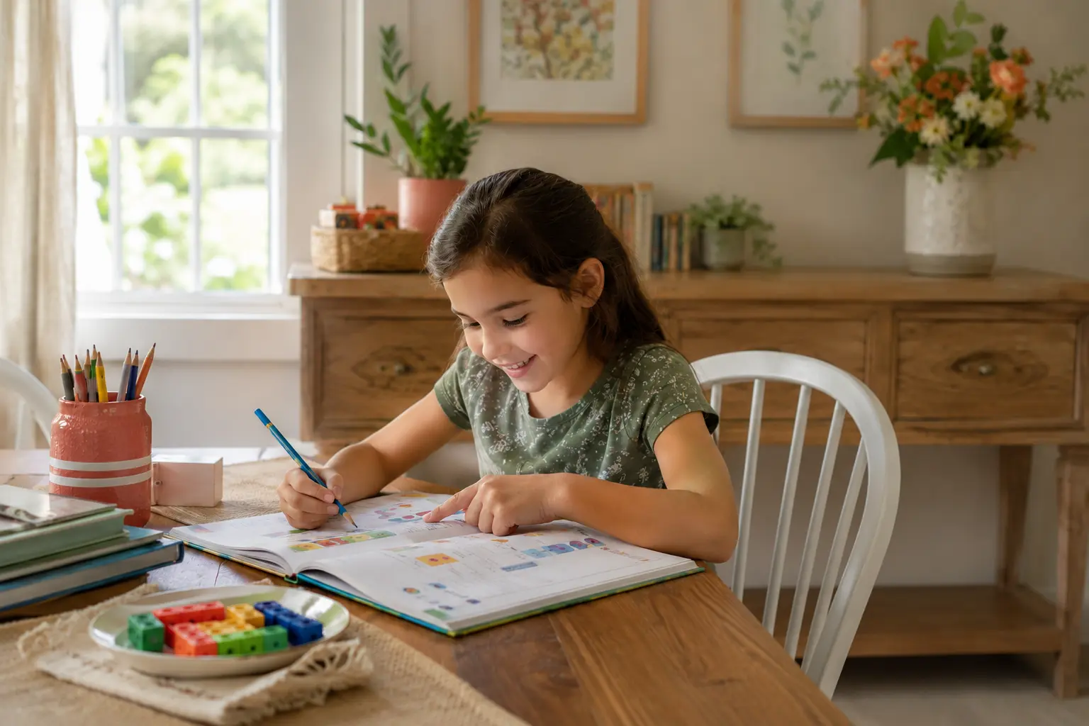 A smiling elementary student writing in an open workbook at a sunlit table