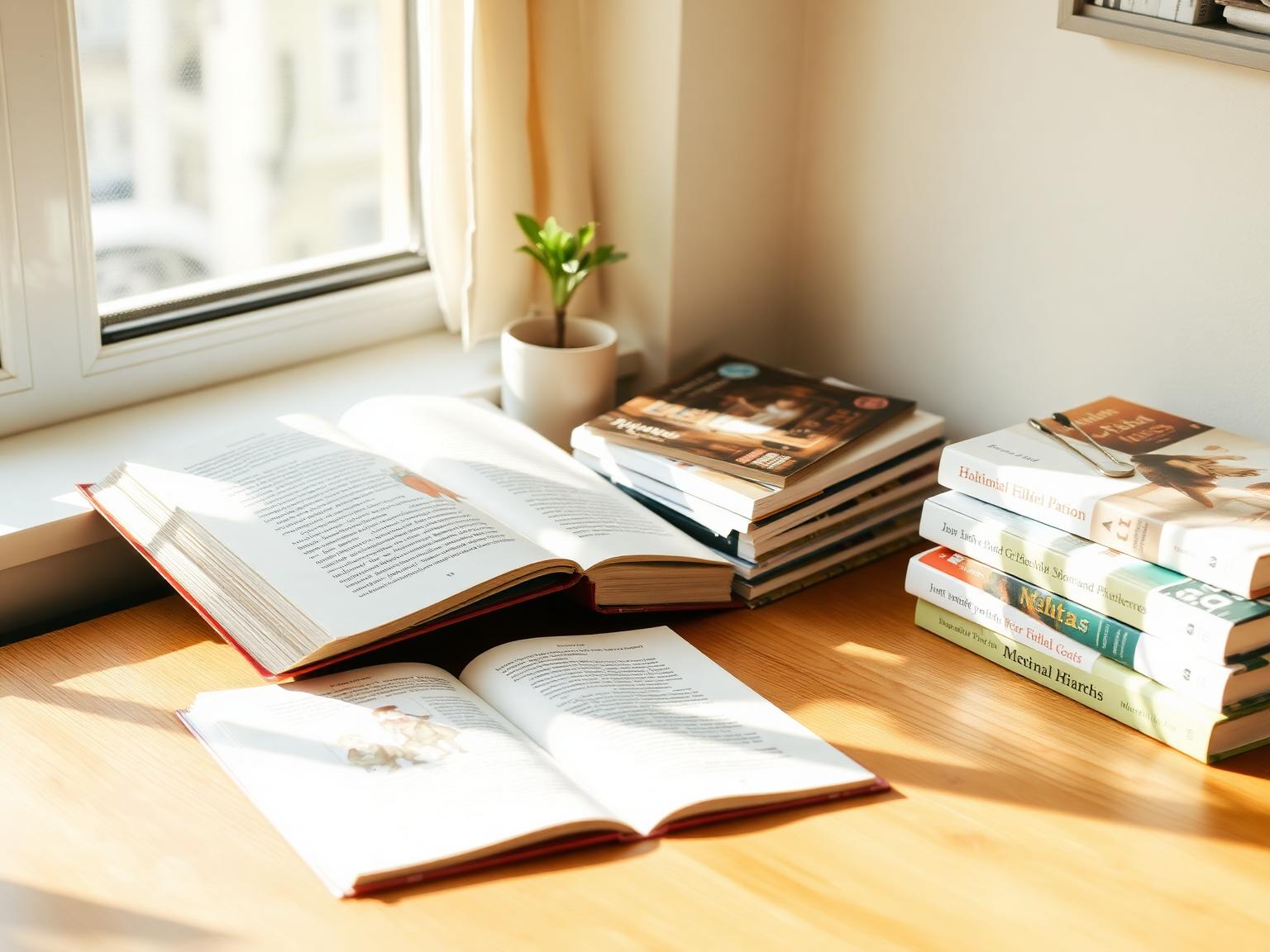 A cozy reading nook with open children's books on a sunlit wooden table